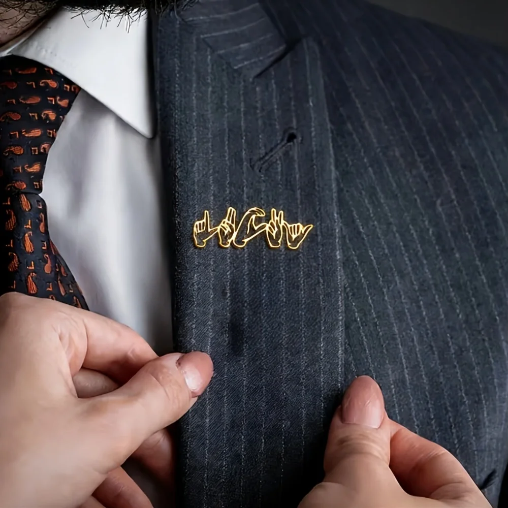 Personalized Custom ASL Sign Language Brooch Stainless Steel Gold Lapel Pin Hand Gesture Name Badge Deaf Culture Suit Jewelry
