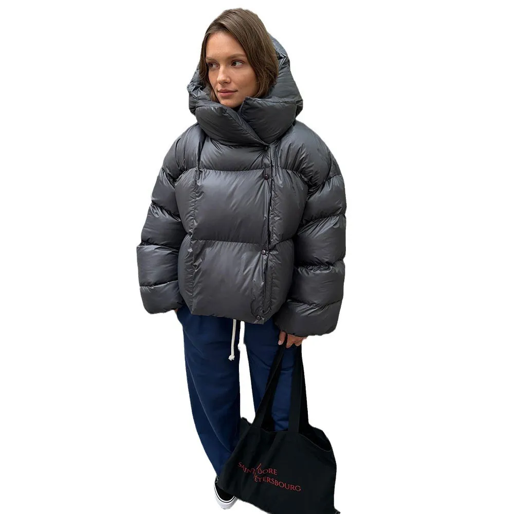 Hooded Loose Fit Coat Regular Length Streetwear with Thick Long Sleeve Hidden Button Closure Short Length Autumn for Women