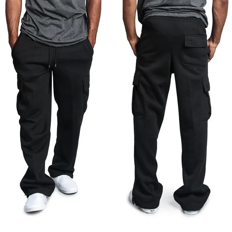 New Casual Men\'s Drawstring Elastic Waist Solid Color Pocket Cargo Pants Sports Pants Sweatpants