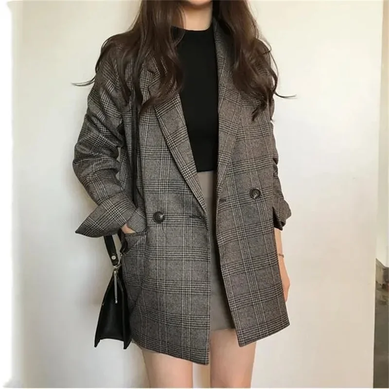 2024 donne inverno Plaid blazer cappotti moda coreana elegante solido giacca spessa femminile doppio petto ufficio signora lungo soprabito