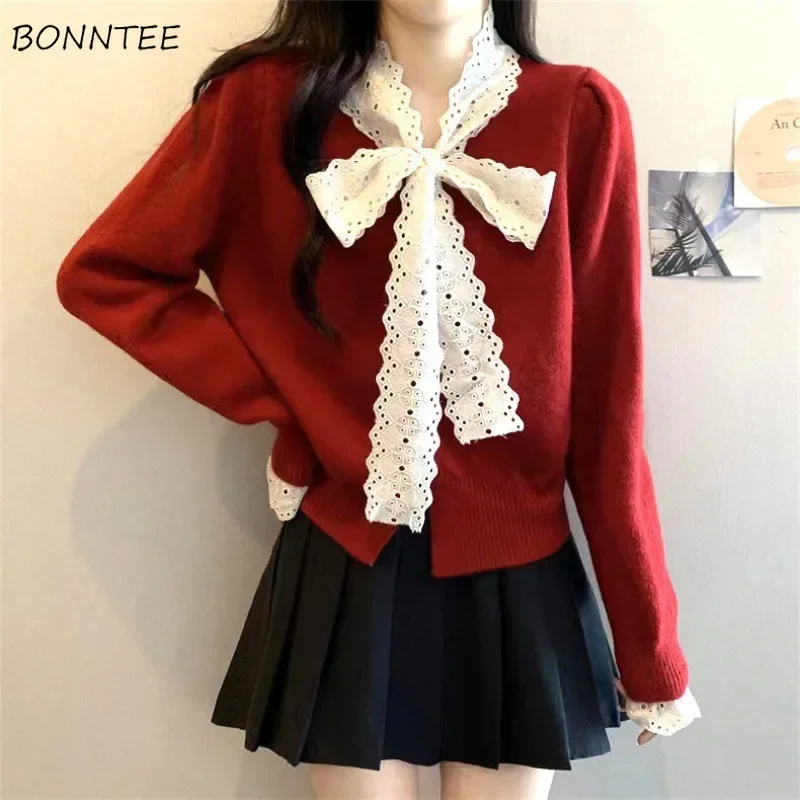 Cardigan en dentelle avec nœud pour femme, design chic, patchwork, tout assressenti, mode coréenne, tricots décontractés, élégant, températeur tendre, carillon, automne, ins