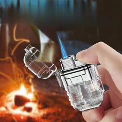 Single Fire + Double Fire Lanyard Portable Blue Flame Jet Lighter Butane Turbo Cigar Lighter Camping Wading Men's Gadget