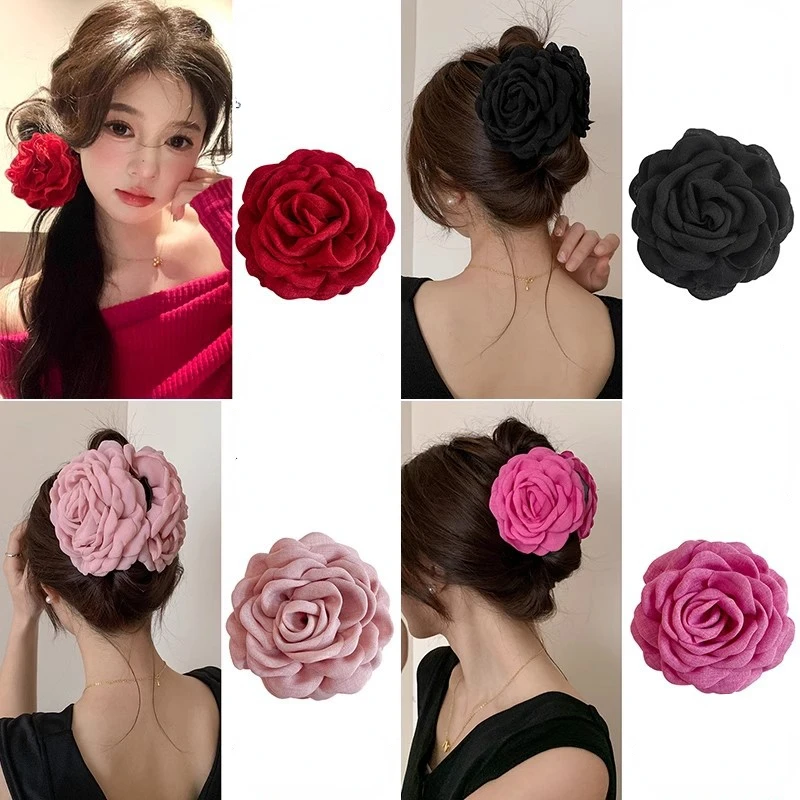 Temperament Rose Hair Claw for Women Plate Hair Clip Red 3D Flower Hairpin Party Decor Friend Gifts