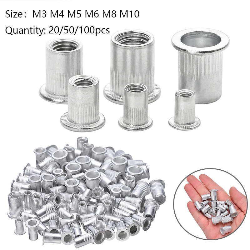 100/50/20 Stück M3 M4 M5 M6 M8 M10 Nietmutter aus Aluminiumlegierung, Flachkopf, Gewindenieteinsatz, Nutsertkappe, Nietmutter – Detail 6