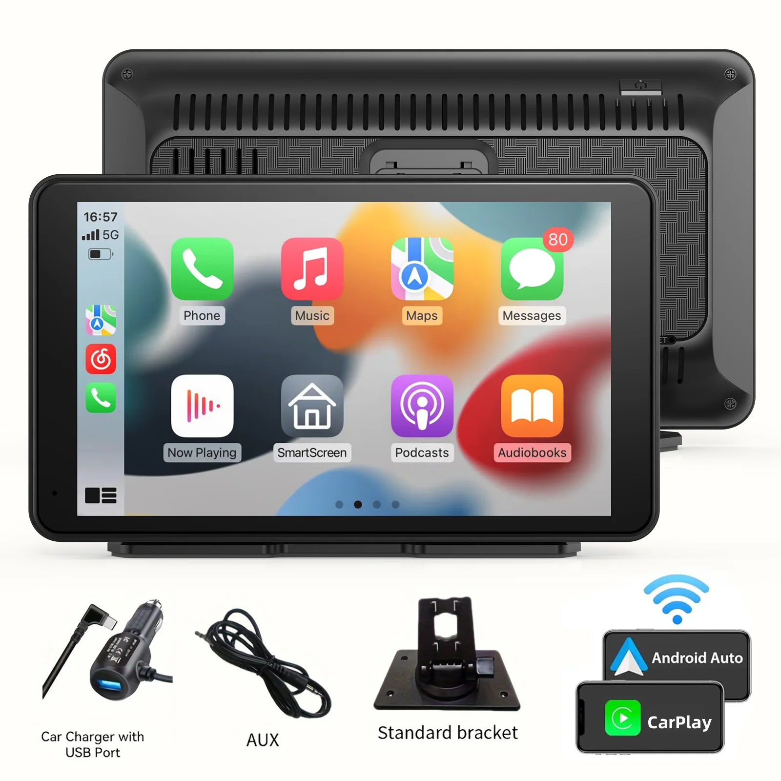 Portable Apple Carplay/Android Auto Screen for Car, 7 Inch Touch Screen Wireless Car Play Multimedia Player with Voice Control,