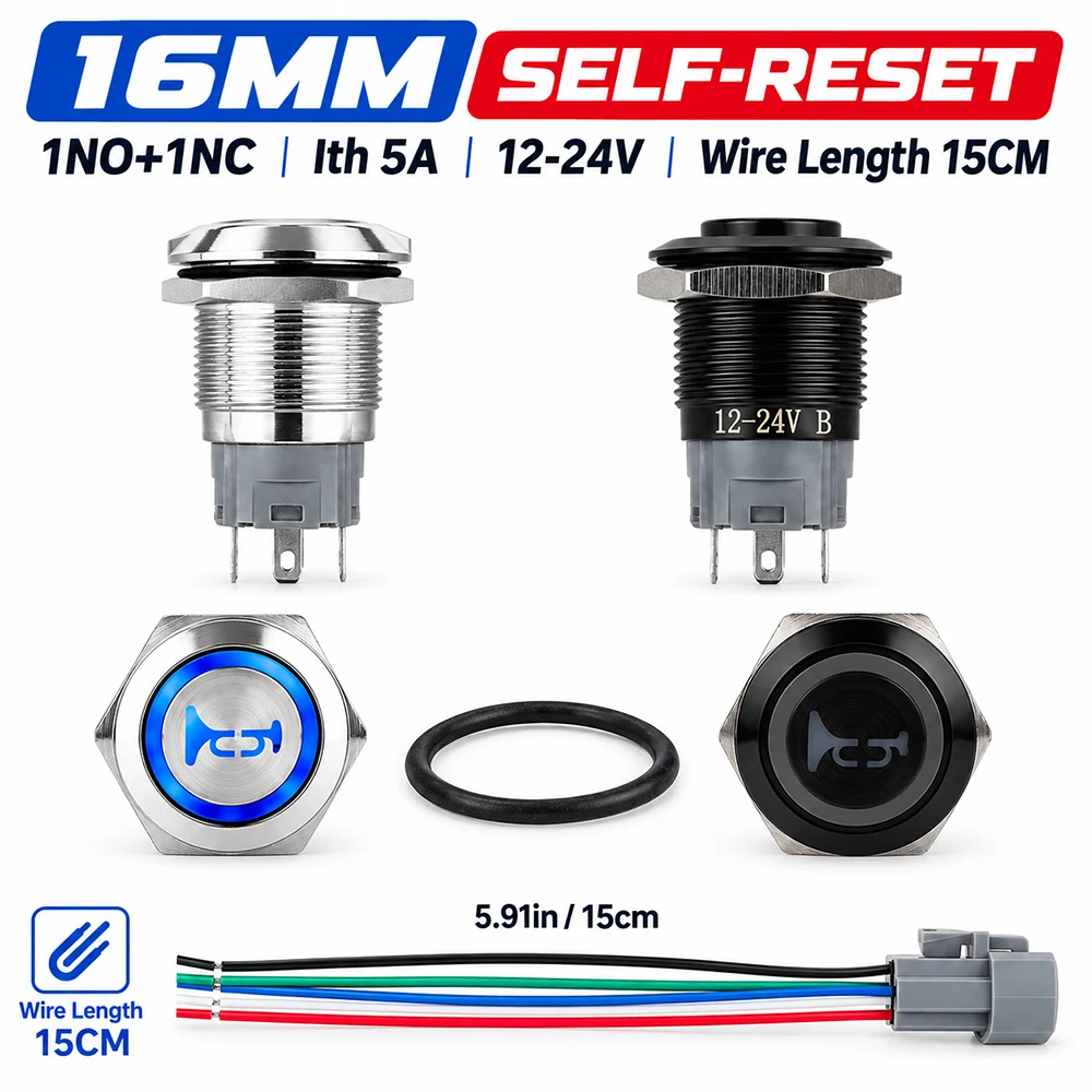 12V Horn Switch Horn Button Switch 16MM Momentary Push Button Switch Speaker Horn Switch for Car Boat Motorcycle