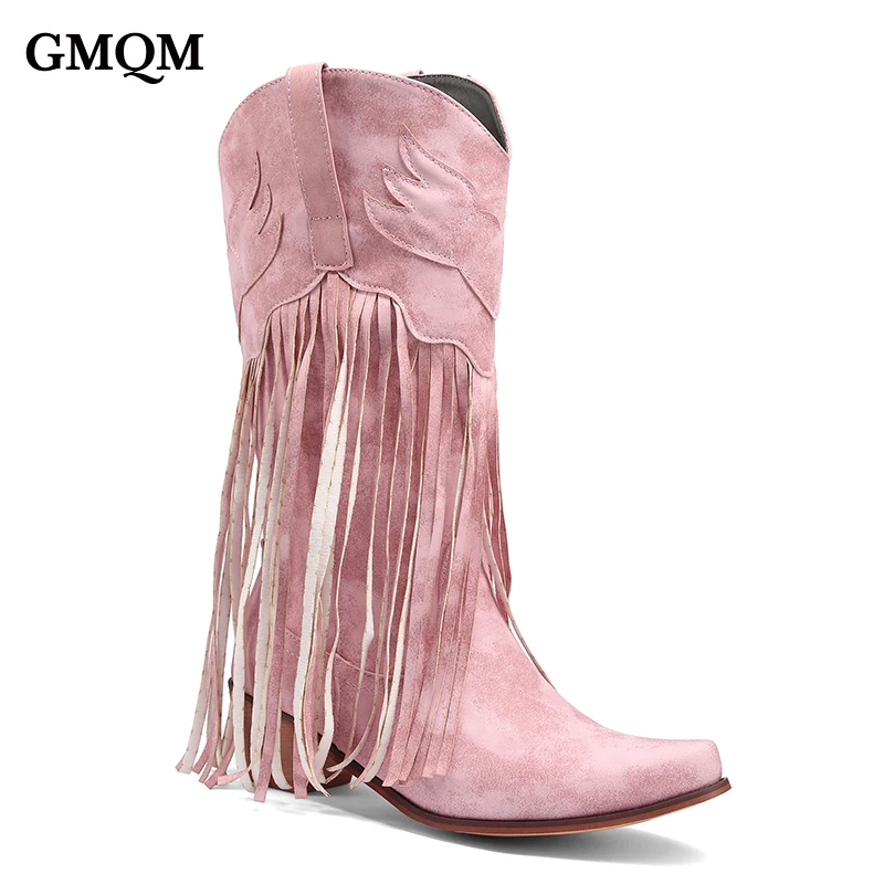 

GMQM New Wedge Mid-Calf Boots For Women Tassels Cowboy Boots Vintage Casual Shoes Western Cowgirl Big Size 46 Motorcycle Boots