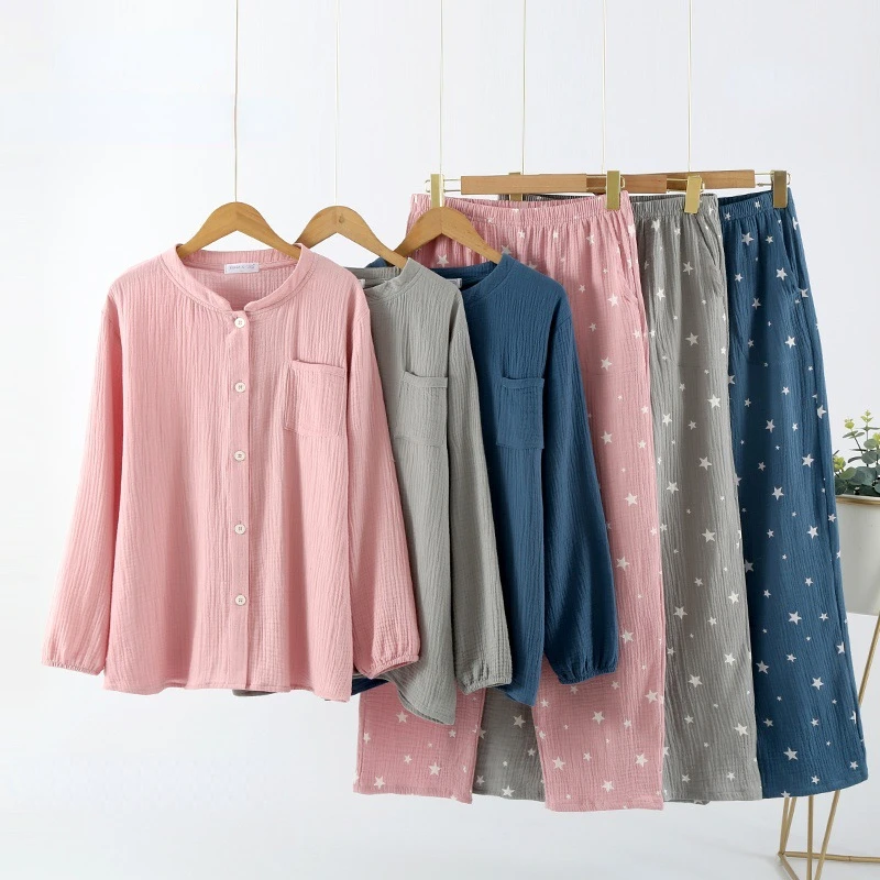 Pyjama en fil de pansement pour femme, cardigan à manches longues, vêtements pour la maison, petit col montant, vêtements de détente en coton, ensemble 2 pièces, 2024