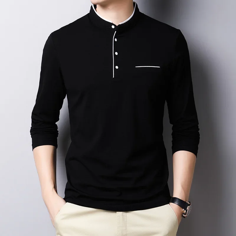 2025 Men's Business Casual Three Button Stand Up Collar Long Sleeved T-shirt Korean Style Comfortable Versatile Top