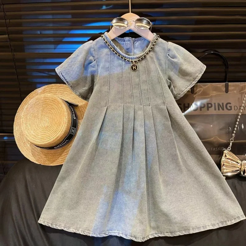 New Children's Pleated Dress2024New round Neck Short Sleeve Casual Washed Denim Skirt-WSNY