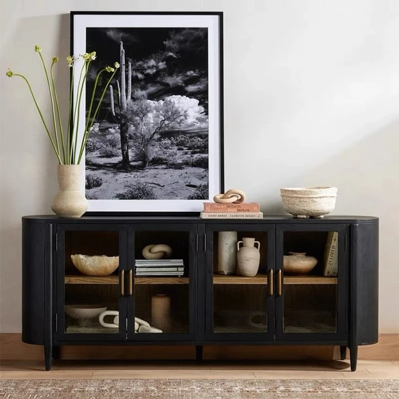 

American retro old solid wood TV cabinet living room light luxury curved oak dining side floor storage