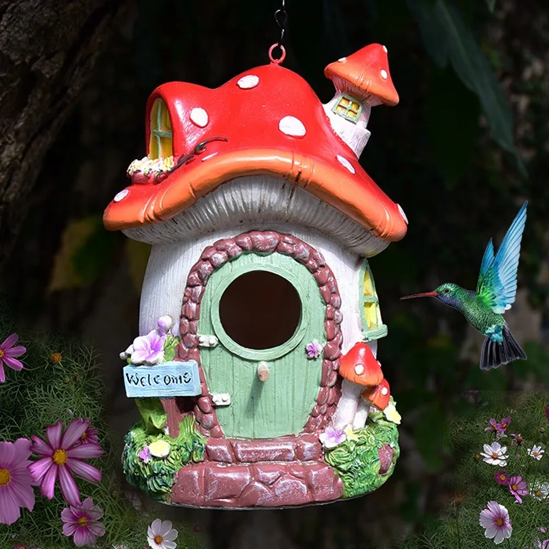

Creative Small Mushroom Birdhouse Hanging Ornament Garden Balcony Decoration Sculpture Landscaping Outdoor Waterproof Figurine