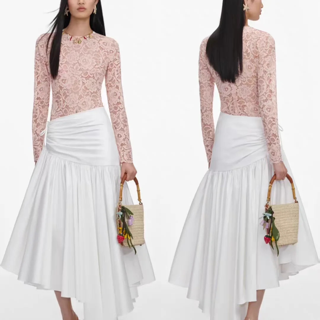 Women fashion set Pink lace jumpsuit tops + high waist asymmetrical white long skirt