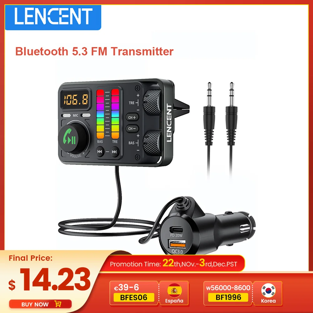 LENCENT Bluetooth 5.3 Car FM Transmitter, Hi-Fi Treble & Bass Music Player, PD20W QC18W Fast Car Charger Radio Bluetooth Car