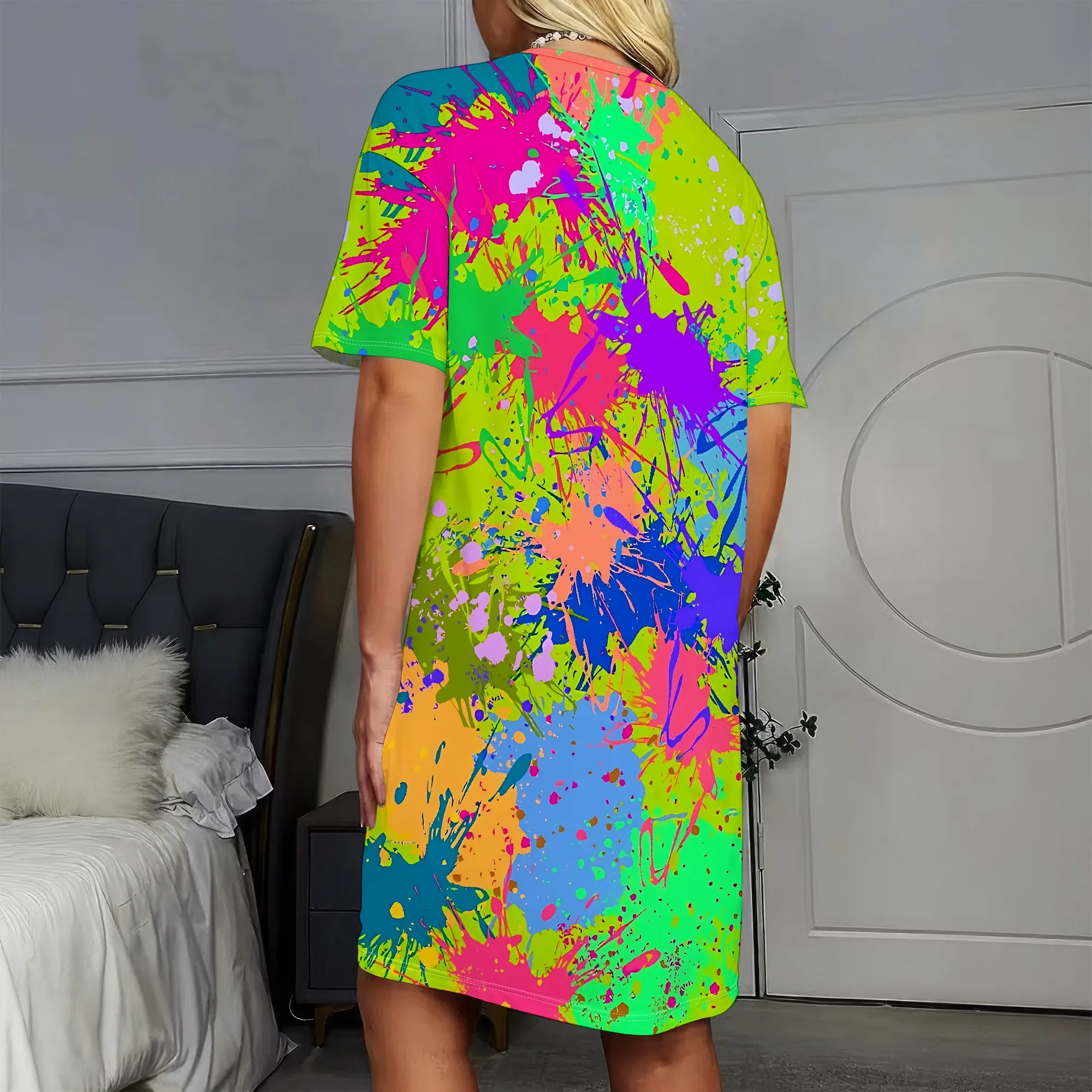 Neon Splatter Paint Dress, Abstract Art T-Shirt Dress, Colorful Print Mini Dress for Women, Casual Summer Wear, S-2XL