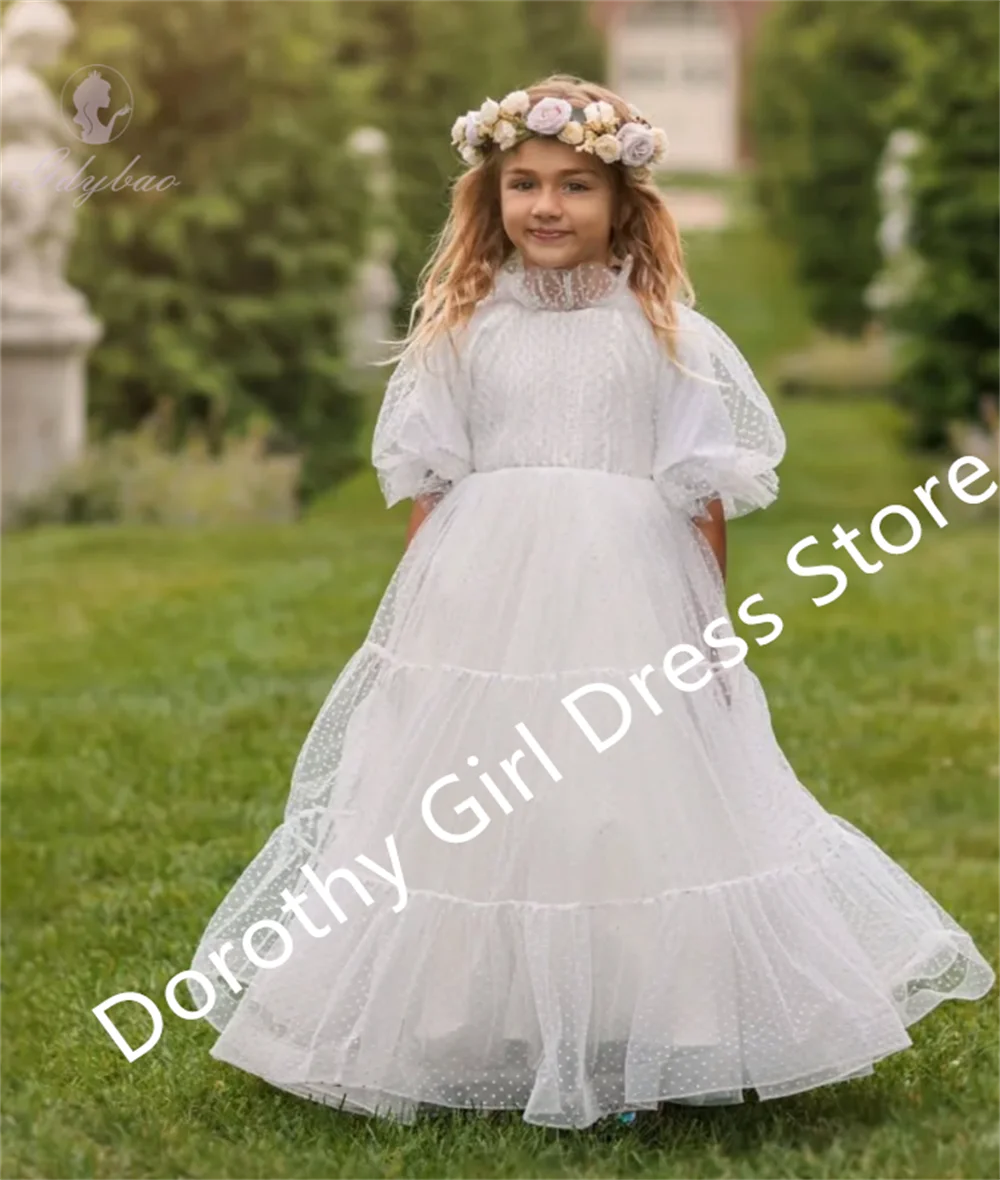 

Custom White Star Mesh High Neckline Ruffle Flower Girl Dress Fluffy First Sacrament Kids Baptism Birthday Dress