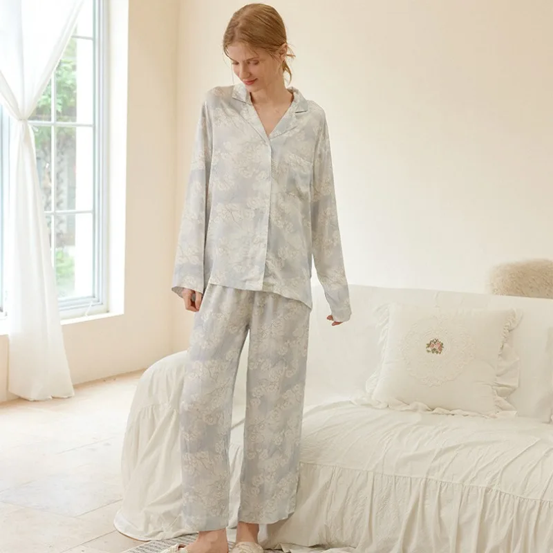 2024 Satin Cardigan Loungewear Dream Blue Elegant Printing Long-sleeved Pajamas Cotton Silk Long Pants Sleepwear 2 Piece Sets