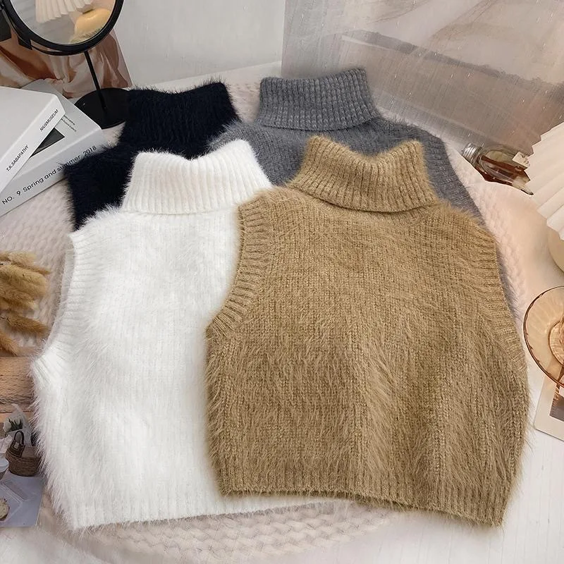 

Женский элегантный пушистый вязаный жилет с высоким воротником без рукавов, подчеркивающий фигуру, базовый слой для многослойных образов