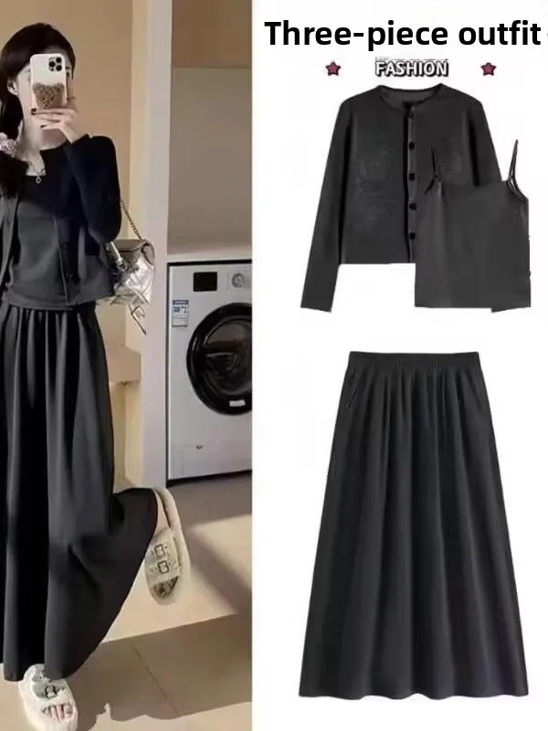 

Fashionable Knitted Set Women's Korean Style Spring Autumn High Waist Halter Skirt Cardigan Three Piece Set Elastic Loose Fit