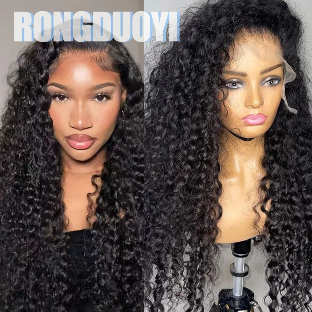RONGDUOYI Black Kinky Curly Synthetic Wig Deep Curly Heat Fiber Natural Hairline Lace Front Wigs Daily Makeup Hair for Woman Use