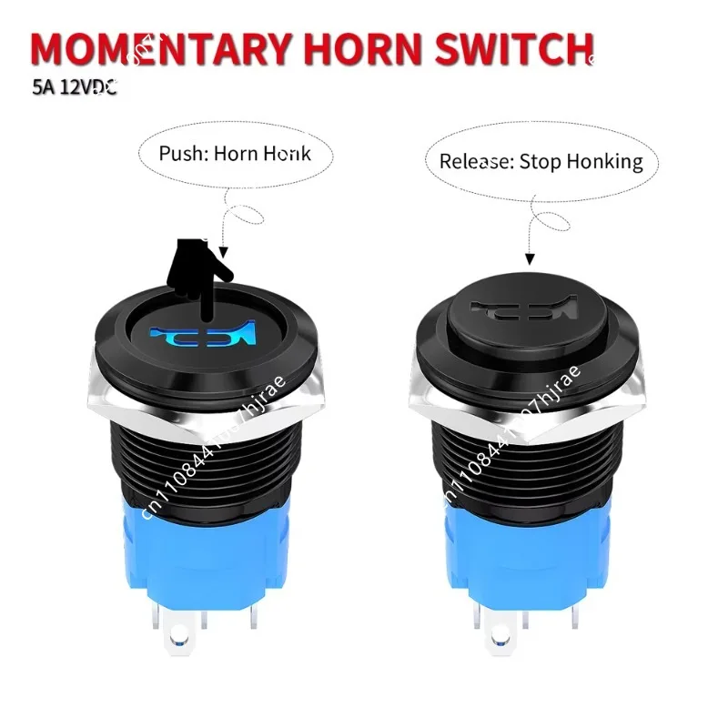 16mm IP67 Waterproof Momentary Metal Push Button Switch 5 Pin Black Shell With Horn Pattern Illuminated On-Off Control Switch