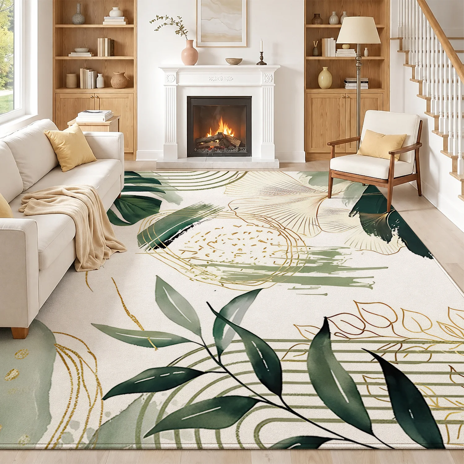 Large Indoor Area Rug, Soft Velvet Low Pile with Non-Slip Dotted Backing, Machine Washable Tropical Green Leaf Botanical Pattern Rug for Living Room, Bedroom Modern Home Decor