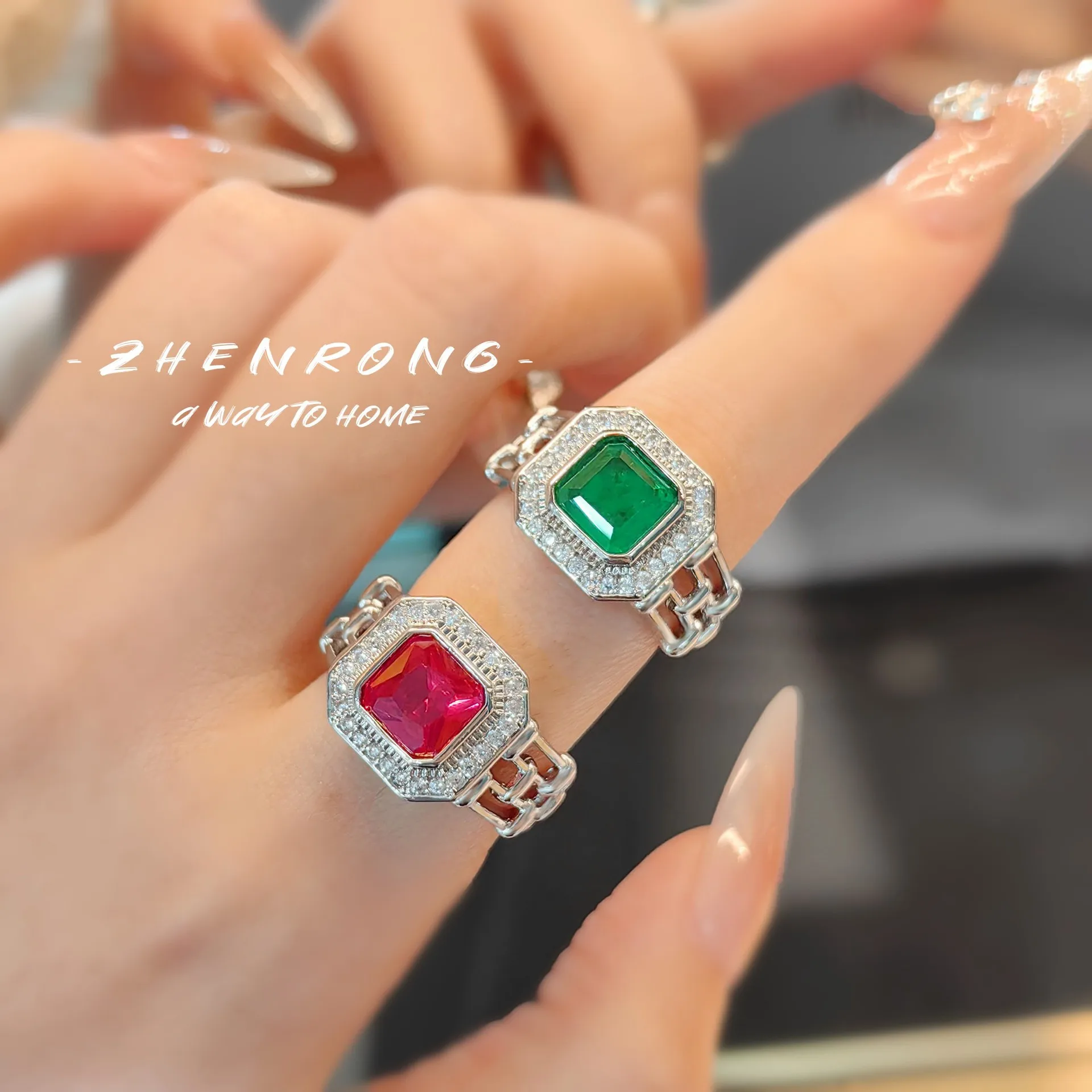S925 Sterling Silver Ring Vintage Square Diamond Ruby Microset Diamond High Carbon Diamond Emerald Female