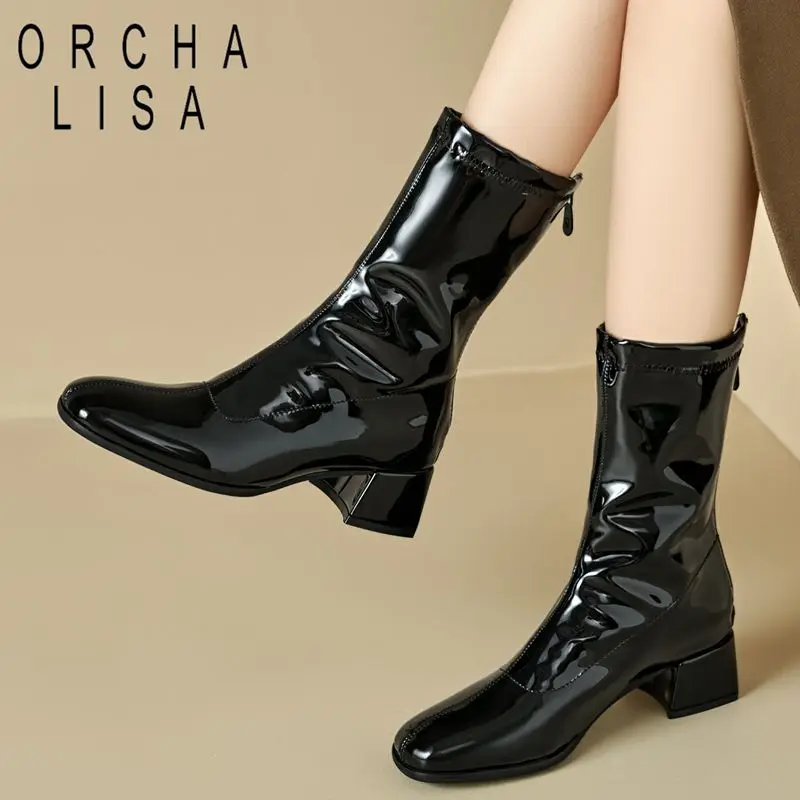 

ORCHA LISA 2025 Новый дизайн Женская обувь до середины икры с круглым носком на блочном каблуке 4,5 см на молнии Большие размеры 44 45 46 Черный глянцевый Dating Bota