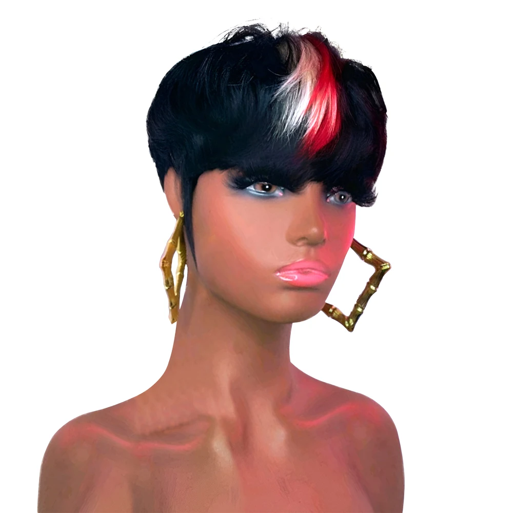 Short Pixie Cut Bob Wigs 1B613 Red Blue Human Hair Wigs For Black Women Girls Straight Pixie Wig With Bangs Full Machine Wigs