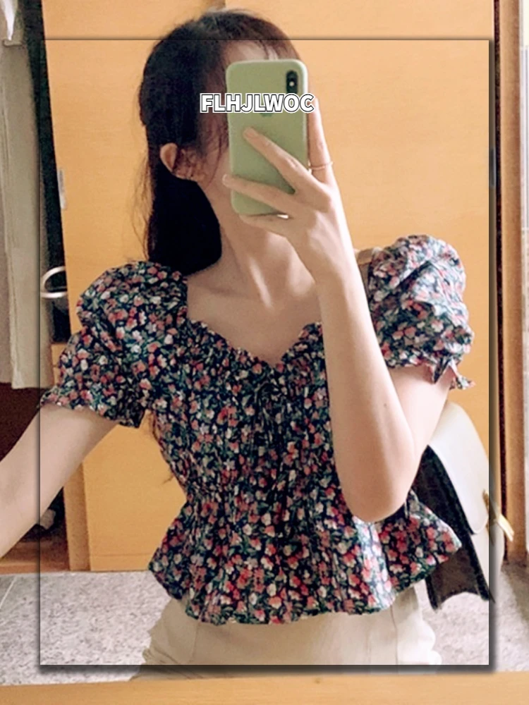 2021 Summer Korea Chic Tops Blusas Fashion Flhjlwoc Design Short Crop Peplum Floral Print Sexy Off Shoulder Women Blouses