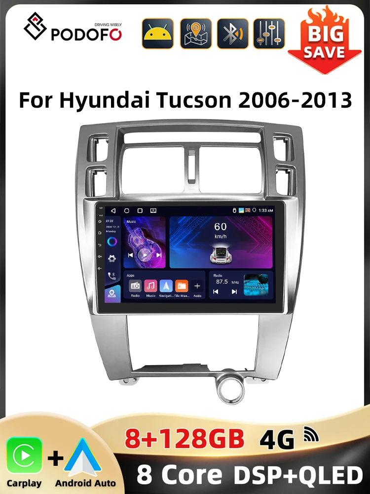 Podofo 8 128G 2din Autoradio Voor Hyundai Tucson 2006-2013 Multimediaspeler Carplay Android Auto Gps 8Core Dsp Fm Rds Auto Audio - afbeelding 2