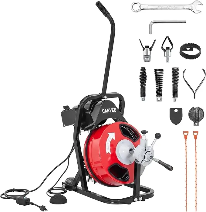 50FT 1/2 Professional Electric Drain Cleaner Machine  250W Motor, Auto-Feed Sewer Snake Auger, 4 Cutters, Air-Activated Foot Switch, Semi-Enclosed Drum For 2