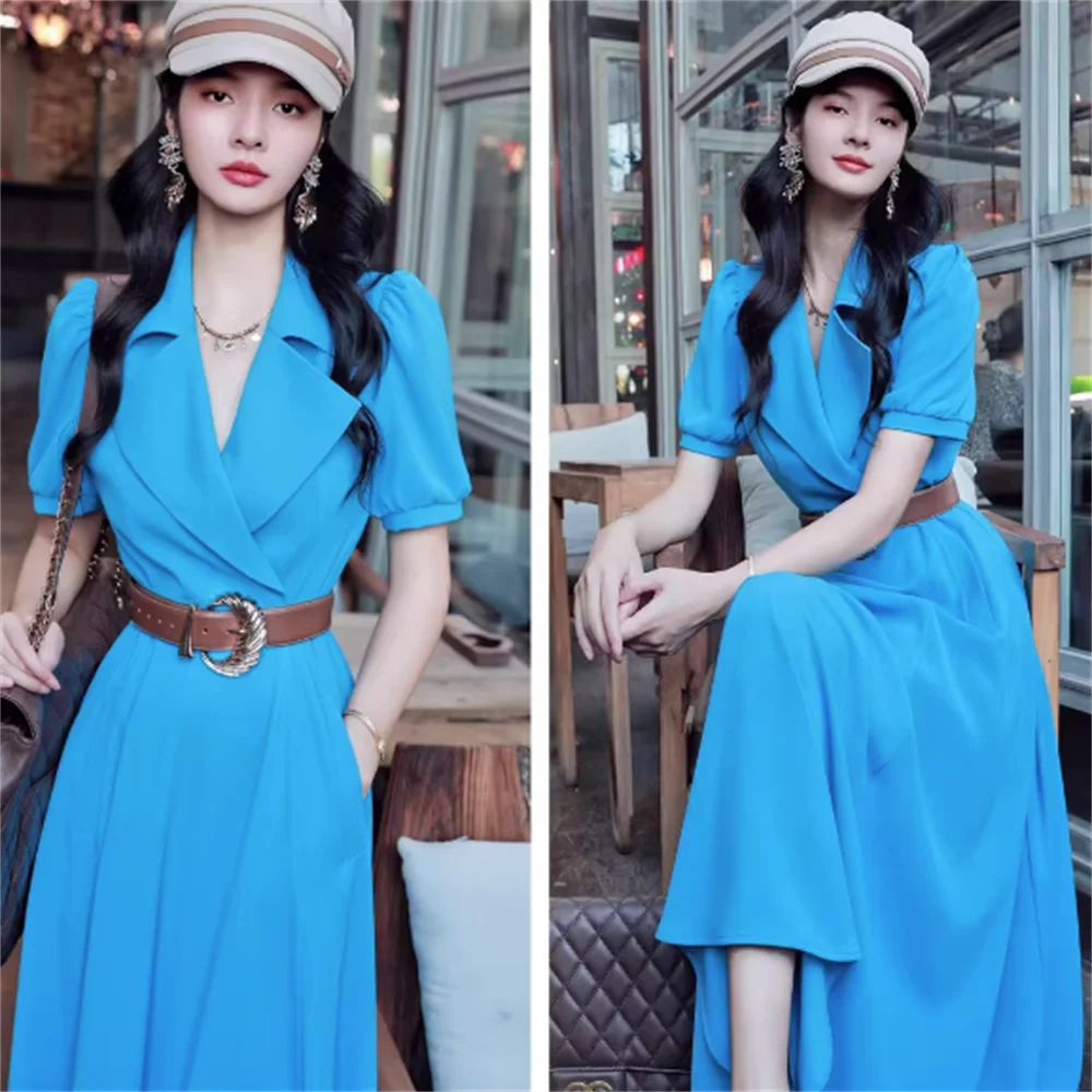 

Women short sleeves suit collar long dress fashion OL casual Elegant lapel bluse dress vestido maxi