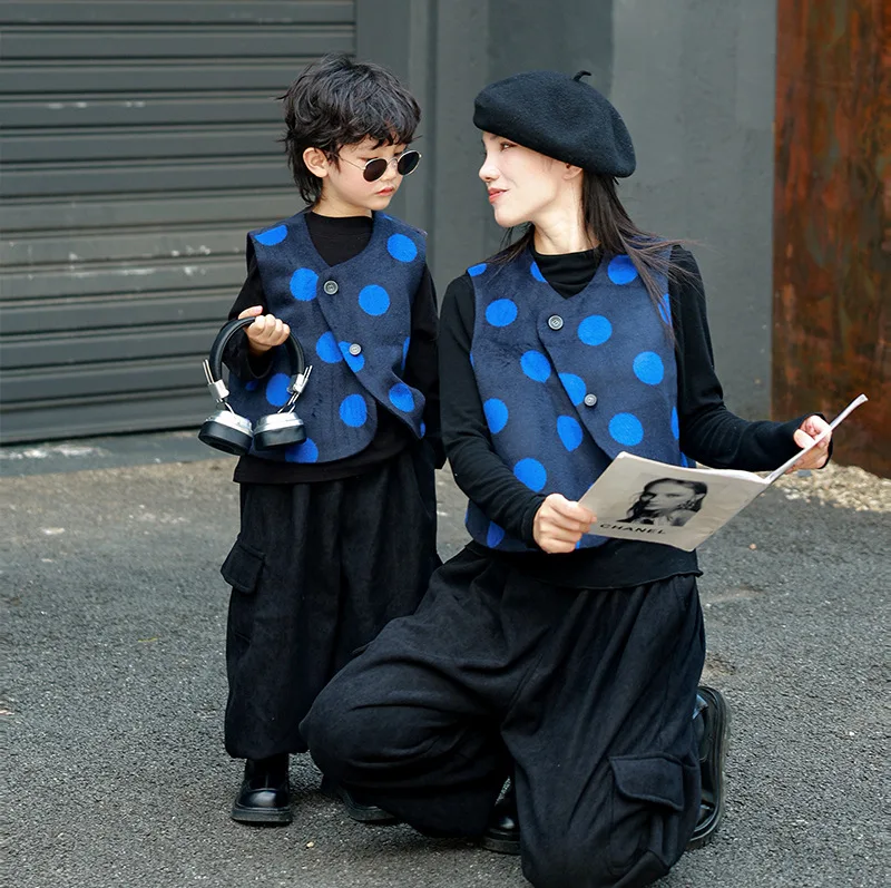 

‌2025 Autumn Winter Parent-Child Matching Dot Printed Vest Set Mother Daughter Pants Outfit Toddler Kids 2-8 Years Retro Tops