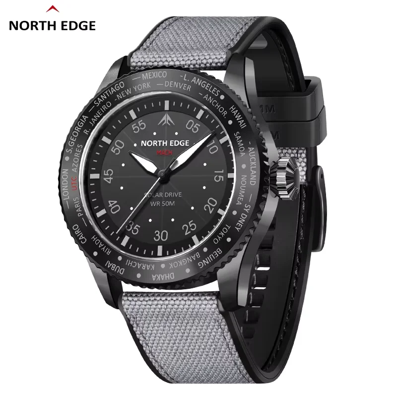 NORTH EDGE MACH Men's Solar Powered Quartz Watch, 50M Waterproof Luminous Pilot Sports Wristwatch, Eco‑Friendly Wrist Clock