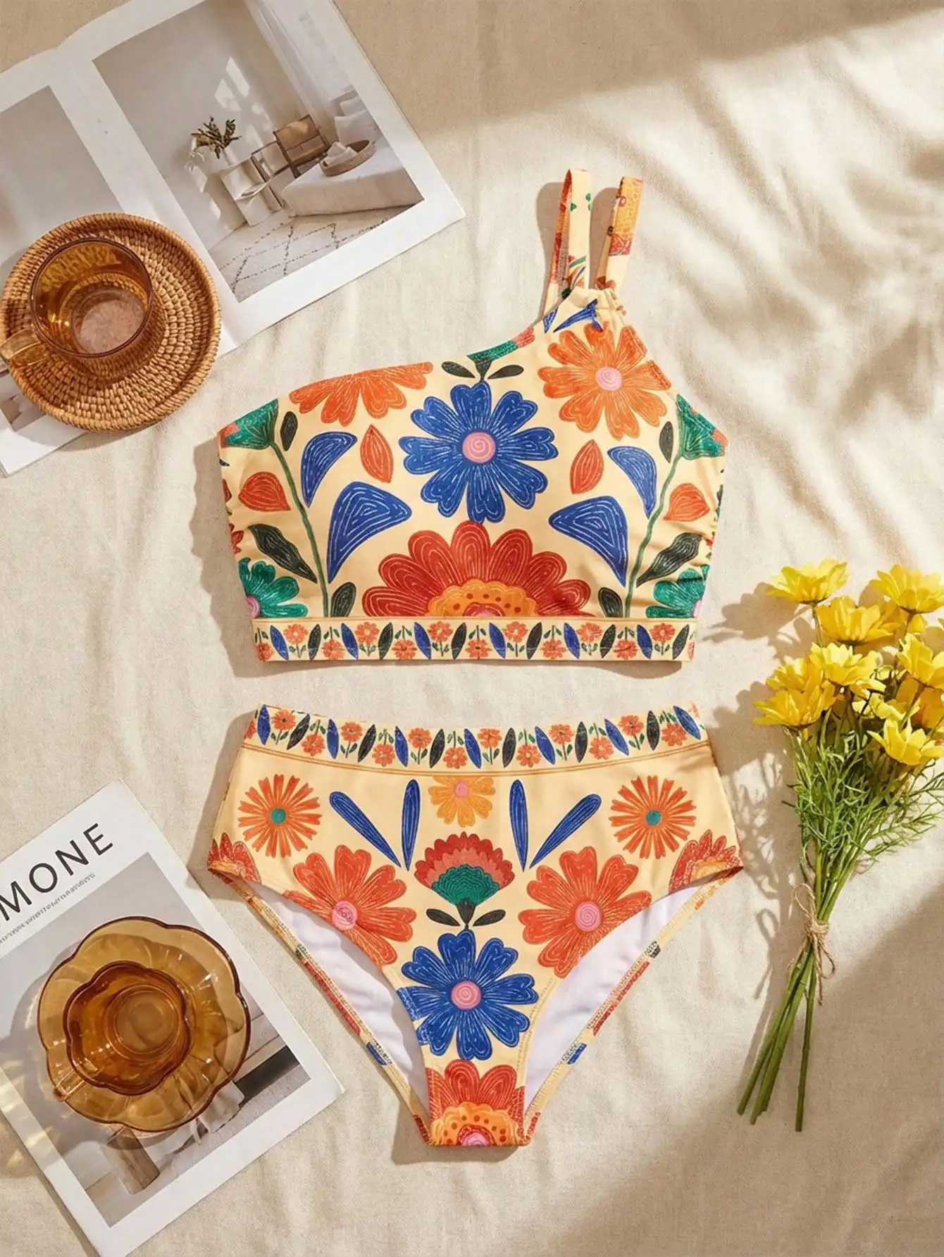 

Комплект бикини с асимметричным вырезом и цветочным принтом, женский, с высокой талией, для пляжа