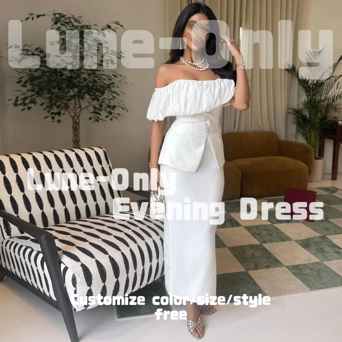 Customized Off Shoulder White Elegant Women Evening Dresses Buttons Midi Formal Occasion Ruched Prom Dress Party Gown