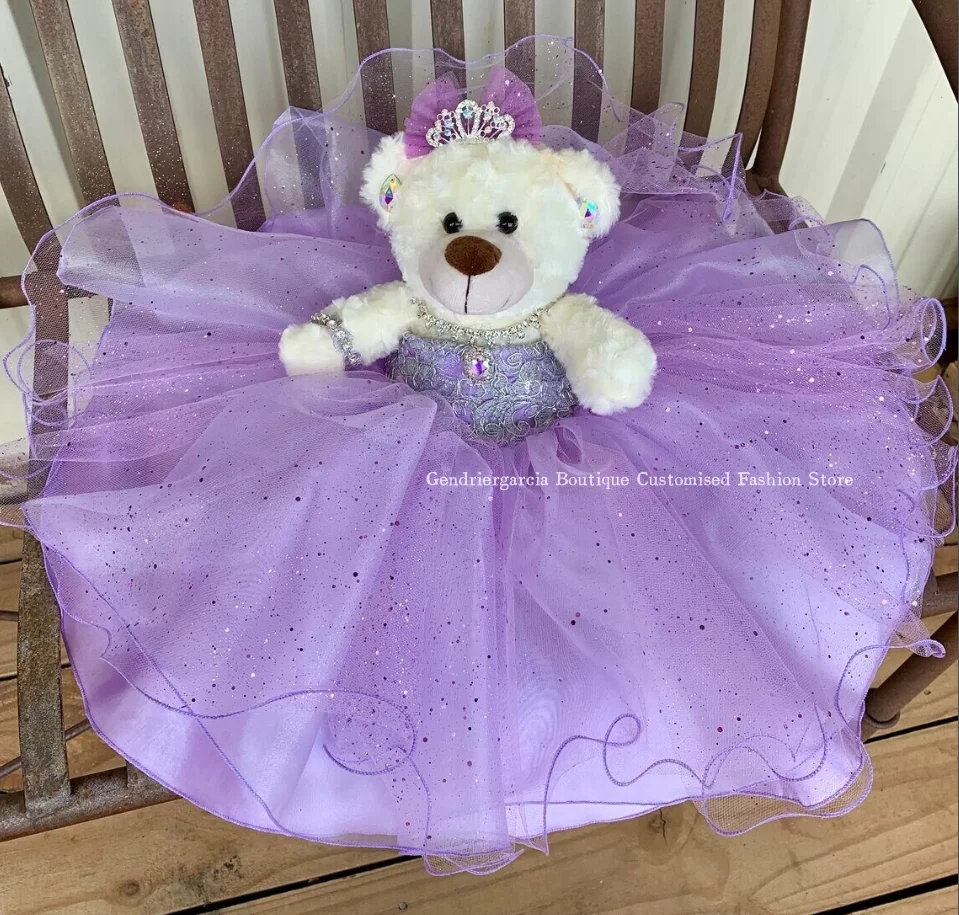 

Сиреневое фиолетовое тюлевое платье Quinceanera с плюшевым мишкой 2025, сверкающее кружево, аппликация из бисера, мини-платье Quinceanera по индивидуальному заказу