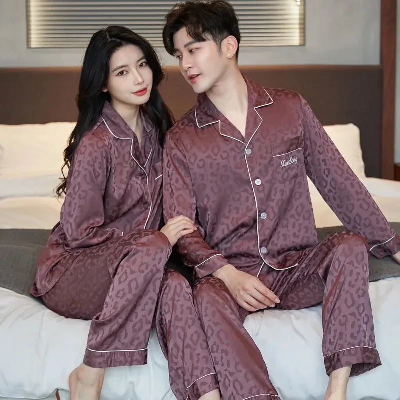 High-end Ice Silk Couple Pajamas Long Sleeve Silk Pajamas Long Pants Homewear Sets Korean Fashion Sleepwear Women Men Nightwear