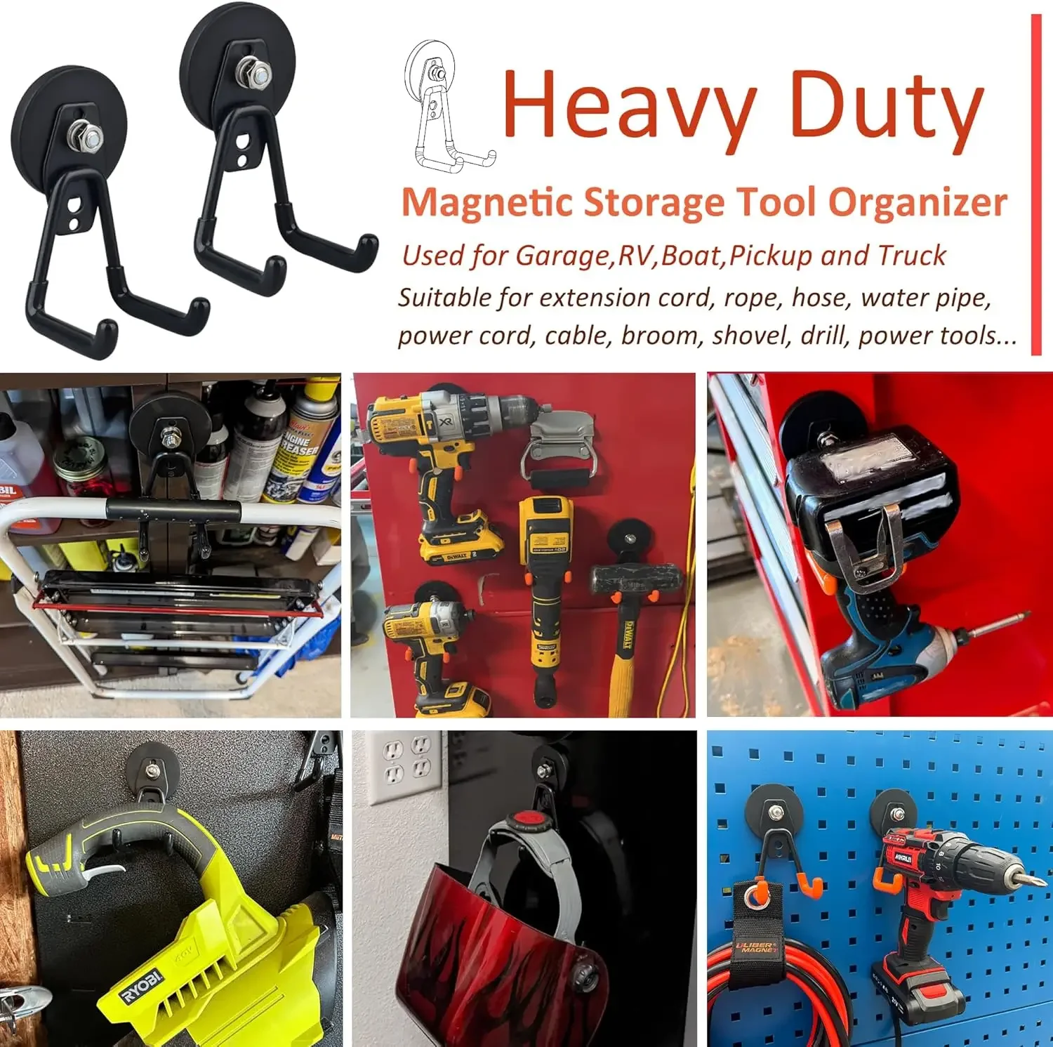 خطافات جراج مغناطيسية شديدة التحمل، 10 عبوات من خطافات مغناطيسية قوية كبيرة لمثقاب الطاقة وأدوات الحدائق والخرطوم والبيجبال والمرآب