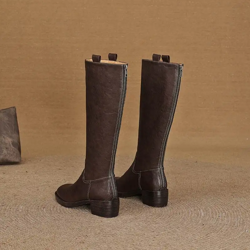 Krazing Pot Genuine Leather Round Toe Vintage Med Heels Equestrian Boots Winter Shoes Women Street Wear Slip On Thigh High Boots