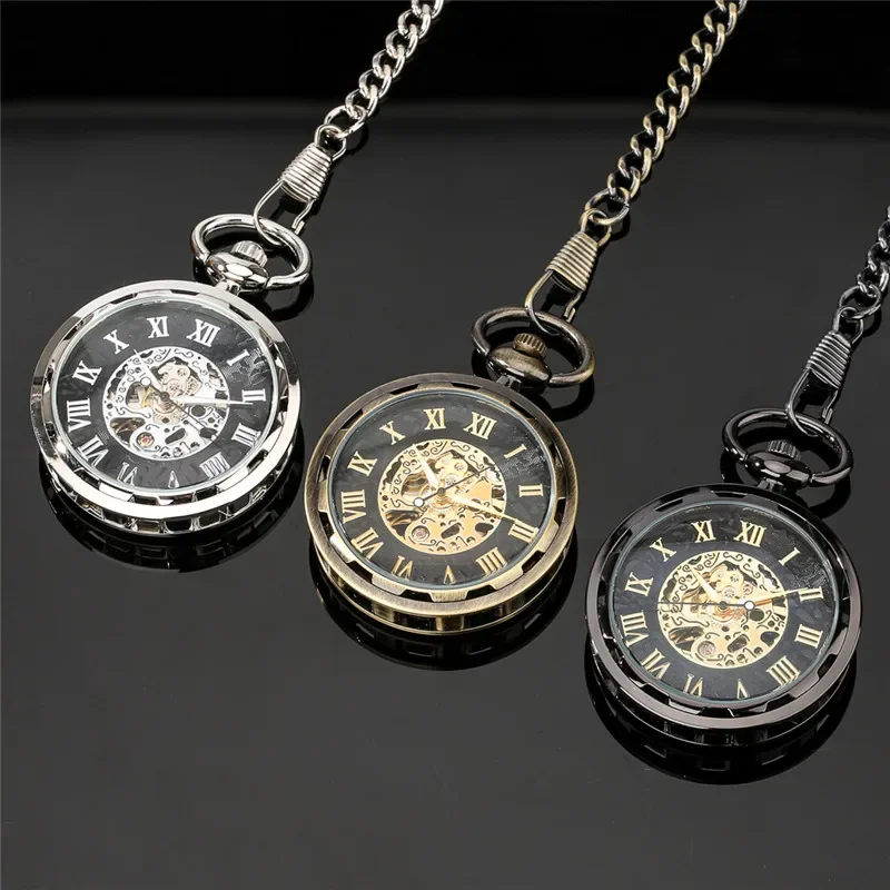 

Antique Style Clock Open Face Men's Hand Winding Mechanical Pocket Watch Roman Number Skeleton Display Fob Pendant Chain