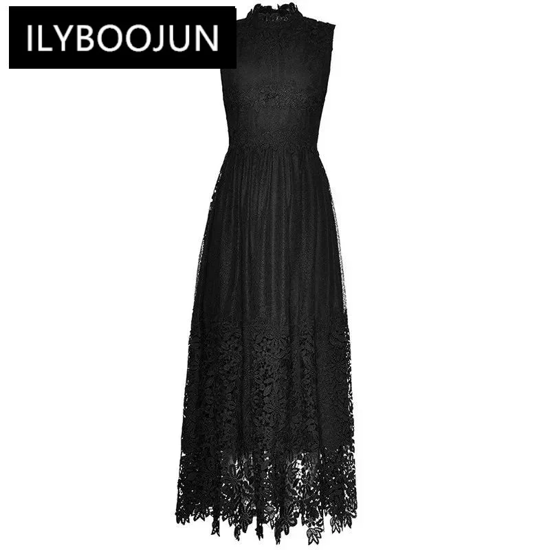 

ILYBOOJUN Fashion Women's New Stand-Up Collar Sleeveless Water-Soluble Flower Patchwork Embroidered Hollow Out Gown Maxi Dress