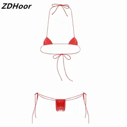 Womens Patent Leather Micro Bikini Set Wet Look Two-Piece Lingerie Suit Halter Lace-up Bra with Low Rise G-string