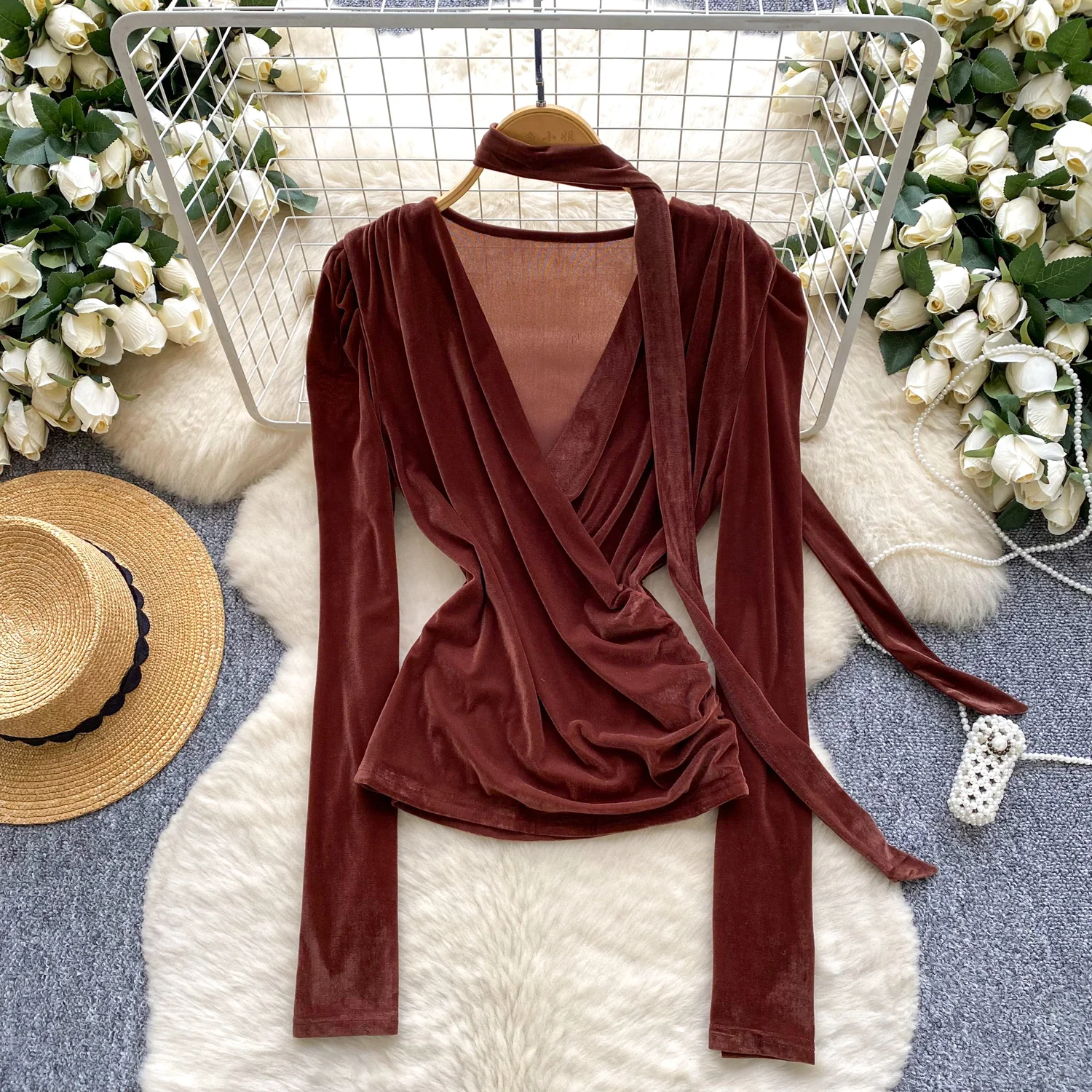 

Vintage puff sleeve velour V-neck Long Sleeve Blouse Slim Elegant Korean Fashion Top Sexy Autumn Women Shirt