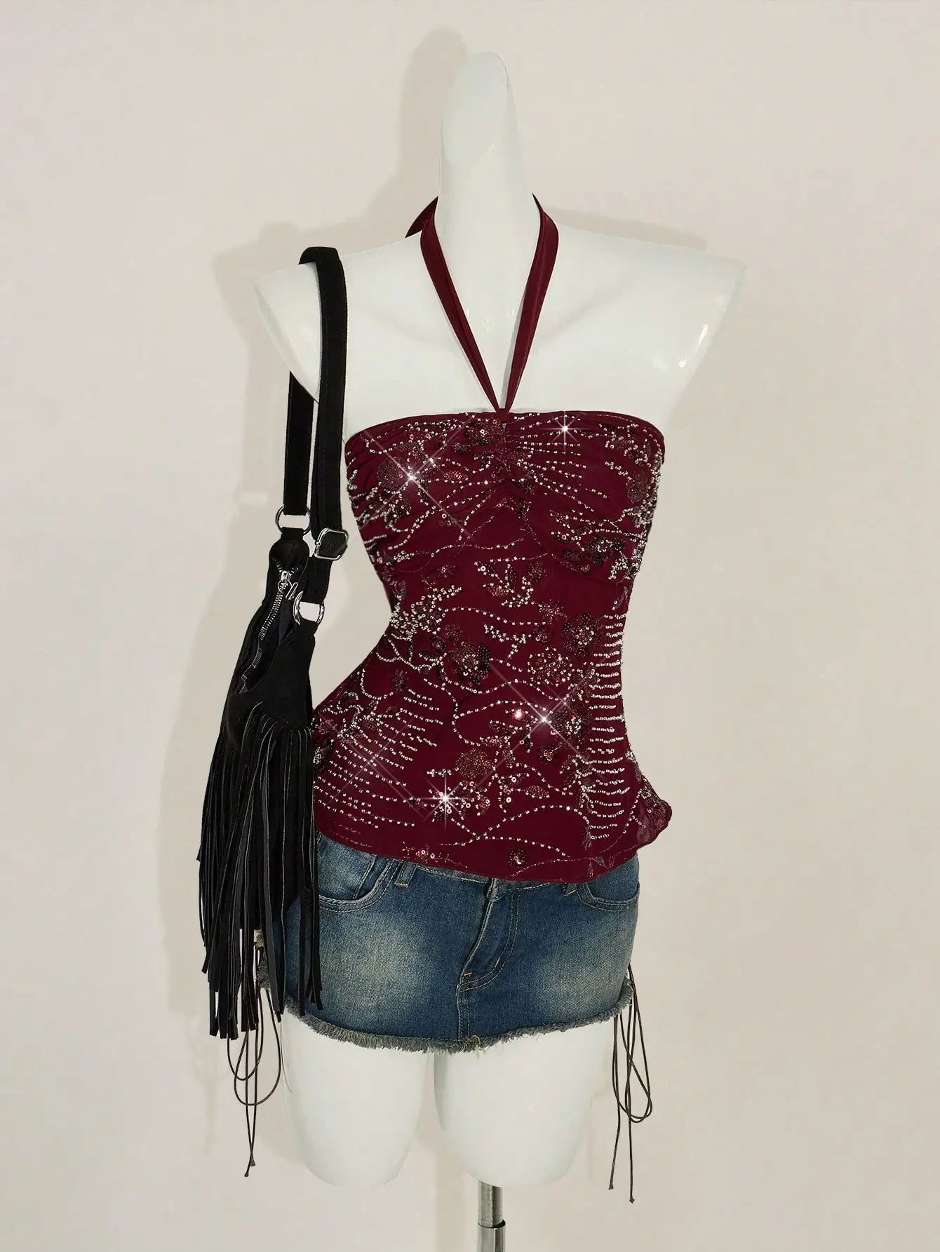 

Бордовый топ-халтер с бисером и пайетками, в стиле бохо, винтажный, для вечеринок