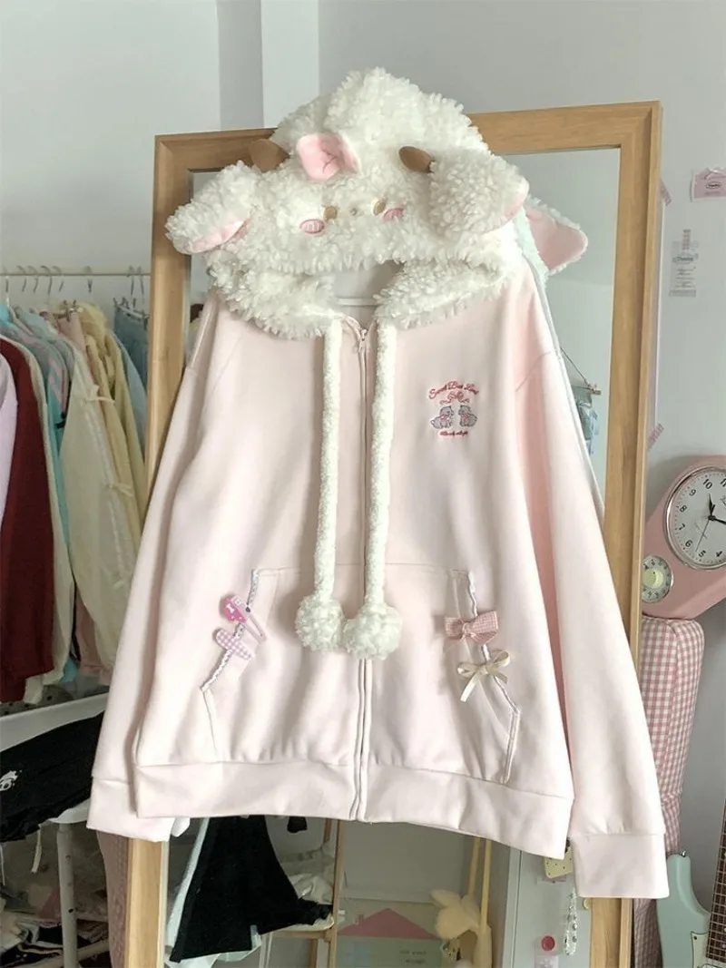 Kawaii Hooded Coat Women Zipper Jacket Cute Embroidery Pink Sweatshirts Y2k Hoodie Girl Lovely Overcoat New Clothing Spring Fall