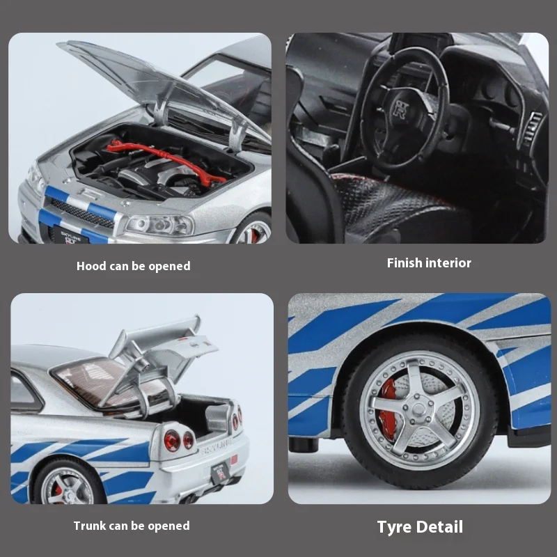 1:24 Scale GTR-R34 Alloy Car Model with Authentic Sound Effects, Premium Collectible Toy for Kids & Adults image 6