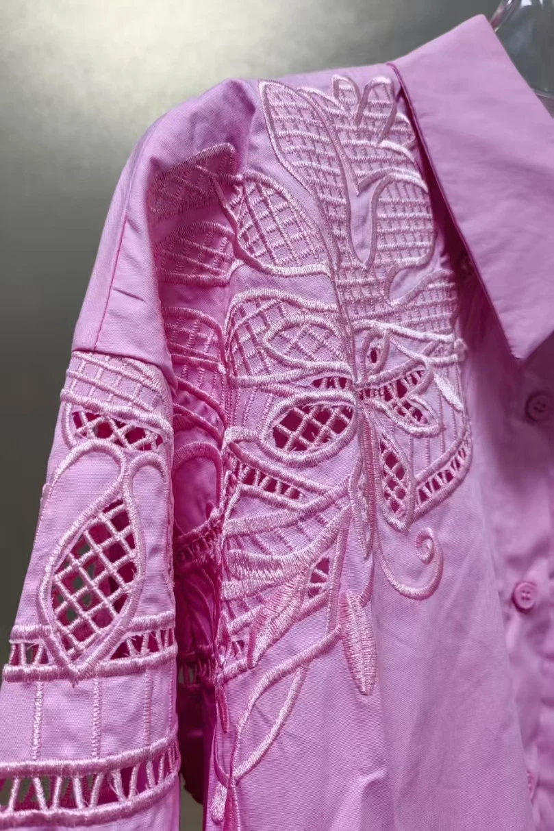 

Хлопковые розовые блузки с длинными рукавами и цветочной вышивкой, женские рубашки на осень 2025 года, свободные повседневные топы, женская одежда