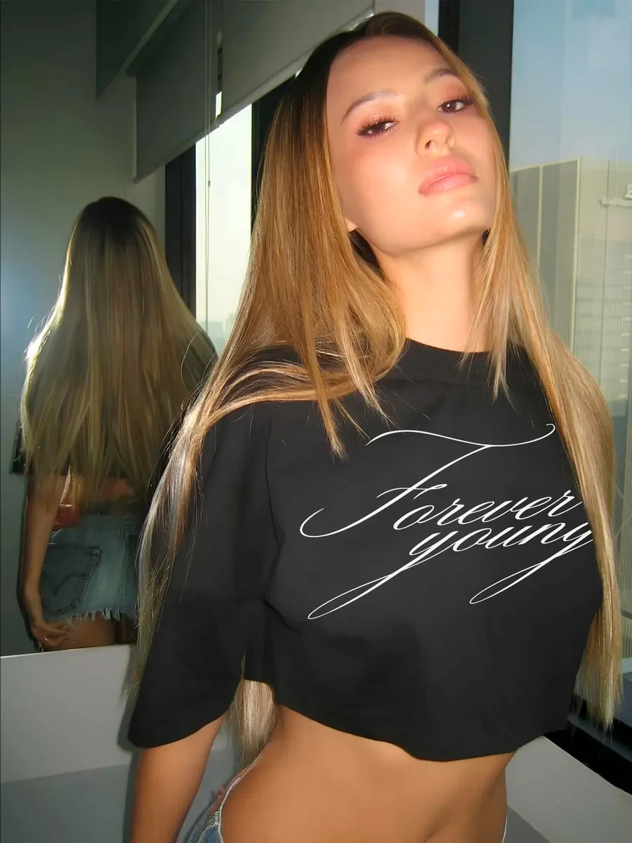 Forever Young Letter Print Oversized T-Shirt Women Casual Short Sleeve Graphic Tees Y2K Summer Harajuku Streetwear Tops